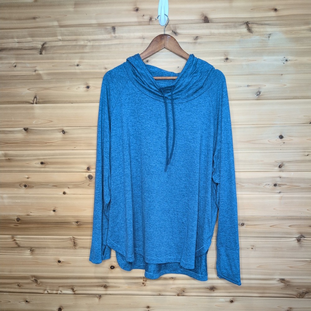 Athleta Uptempo Hoodie Sweatshirt Blue Heathered Cowl Neck Thumbholes 3X